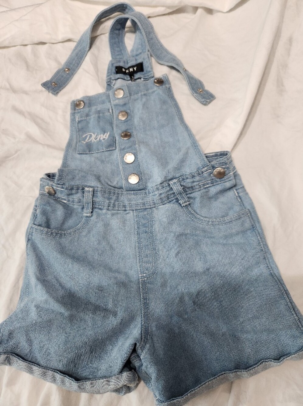 Dkny Girls 8 Light Blue Denim Shortalls with Button Bib